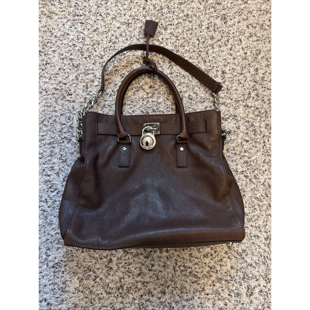 Michael Kors Brown Satchel Chain Strap Padlock Silver Hardware Double Handles